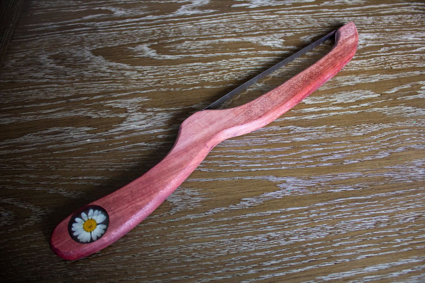 Purple Heart Bread Bow Knife with Botanical Inlay