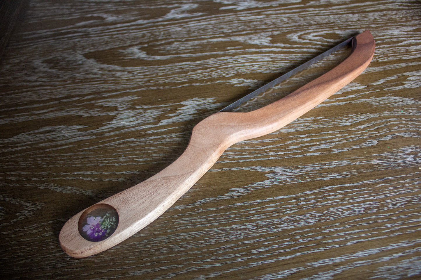Walnut Bread Bow Knife with Botanical Inlay